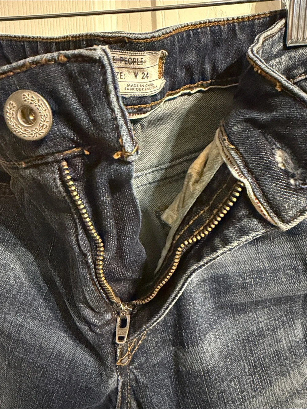 Vintage Embroidered Free People Dark Blue Denim Jeans with Red Rose Patch